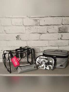 Caboodles 4pc Travel Makeup Bag Set Houndstooth Clear Train Case